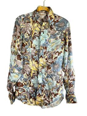 Vintage Floral Silk Shirt 1970s S Disco Funky Paisley Retro Mod Colorful Chic